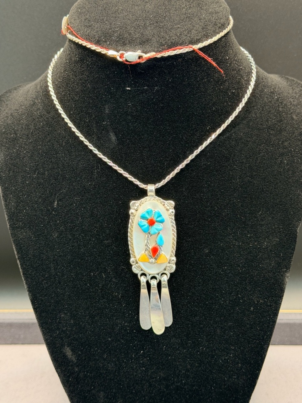 Vintage Zuni Simplicio 925 Sterling Inlay Pendant Turquoise Coral Necklace
